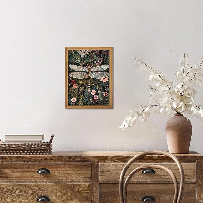 Framed Vintage 3D Textured Wall Art - Dark Green Dragonfly Flowers Wall Decor - Hand Drawn Sandstone Nature Botanical Pictures for Living Room Bedroom Home Decor 8x10in