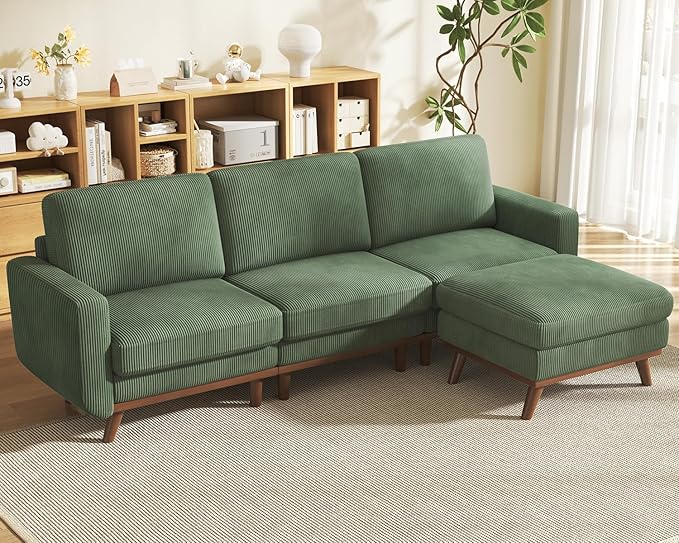Vesgantti 97" Modular Sectional Sofa Green, L-Shaped Couch with Movable Ottoman, Comfy Corduroy Couch with Spring Cushion, Modular Sofa with Deep Seat for Living Room, Bedroom and Apartment