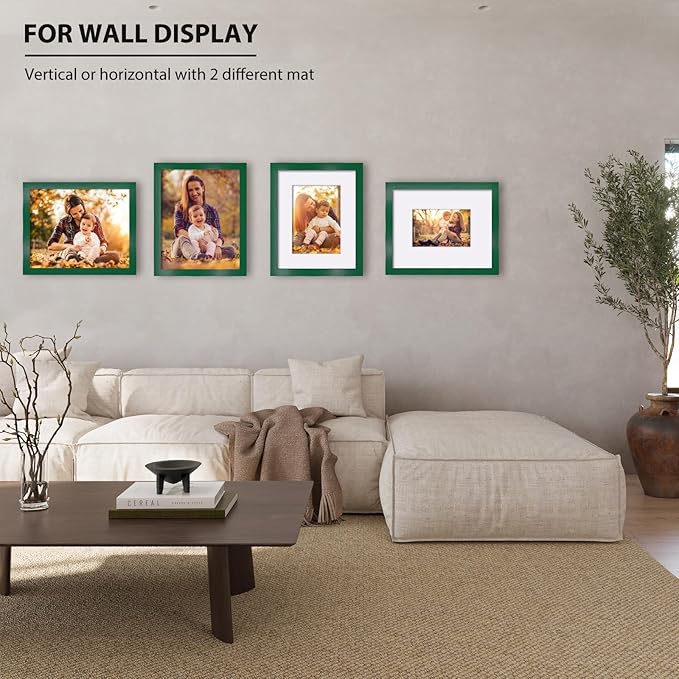 KINLINK 8x10 Picture Frame Green, Solid Wood Frames with Acrylic Plexiglass for Pictures 4x6/5x7 with Mat or 8x10 without Mat, Tabletop and Wall Display Photo Frame, Set of 4