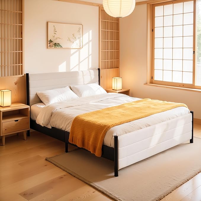 Hokway Bed Frame Upholstered Platform Bed with Headboard Wooden Slat Support No Box Spring Needed(Full, Beige)