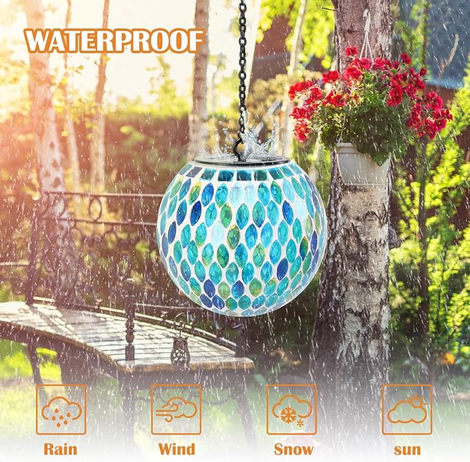 Solar Lanterns Outdoor Waterproof Hanging Solar Mosaic Lantern Outdoor Hanging Lights Waterproof Garden Patio Pathway Yard Décor Green