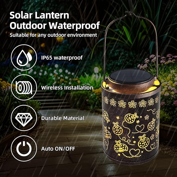Upgraded Ladybug Solar Lights for Outside Garden Decor, Waterproof Hanging Metal Lanterns Outdoor Solar Lights for Yard, Patio, Porch, Fence - Birthday Gifts for Women, Mom, Grandma