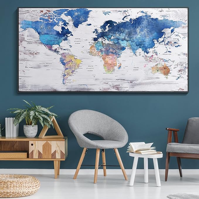Pogusmavi-World Map Wall Art-Modern Art Wall Decor-Framed Artwork For Walls-Canvas Paintings For Office-Large Pictures For Living Room 30x60 Black Framed