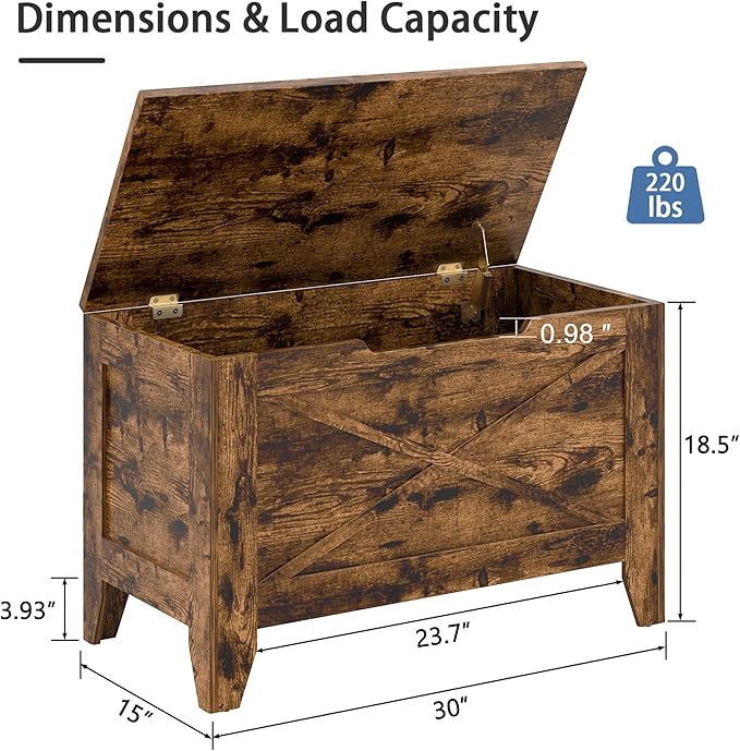 VECELO 30" Farmhouse Style Storage Bench, Entryway Shoe Ottoman, with Handwoven Cushion, with Metal Safety Hinges, for Bedroom, Living Room, Entryway, Brown