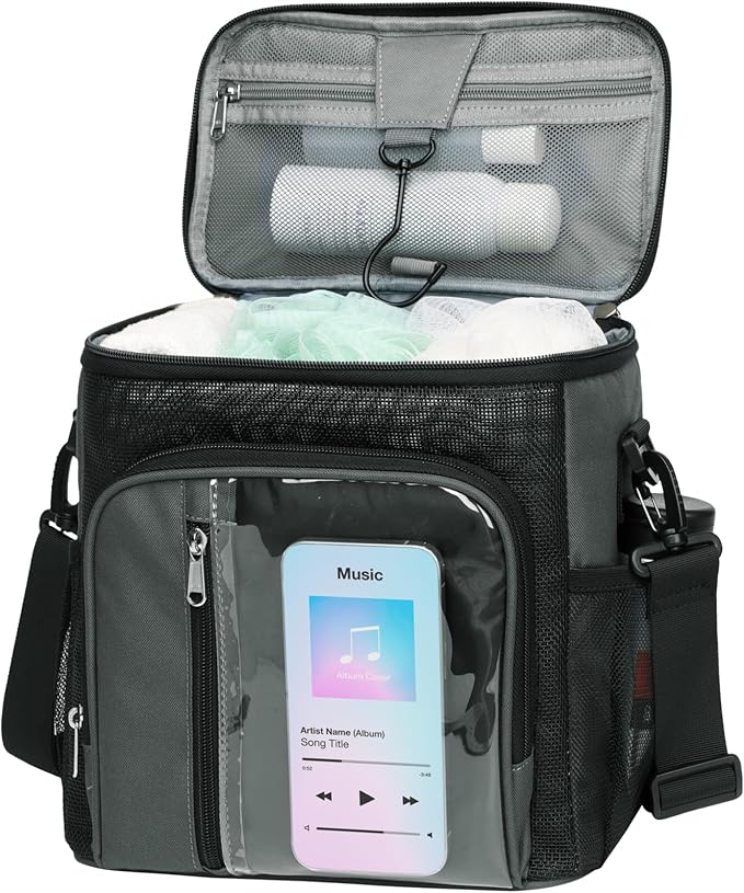 F-color Hanging Shower Caddy Portable - College Dorm Essentials for Girls Guys with Hooks, Soft Crossbody Shoulder Strap, Multiple Pockets, Quick-Dry Shower Bag for Dorm Travel Essentials, Dark Grey