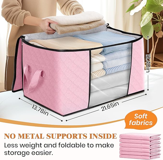 Fab totes 4 Pack Clothes Storage, Foldable Thick Fabric Blanket Storage Bags, Containers for Organizing Bedroom, Closet, Clothing, Comforter,Organization with Handle,Pink