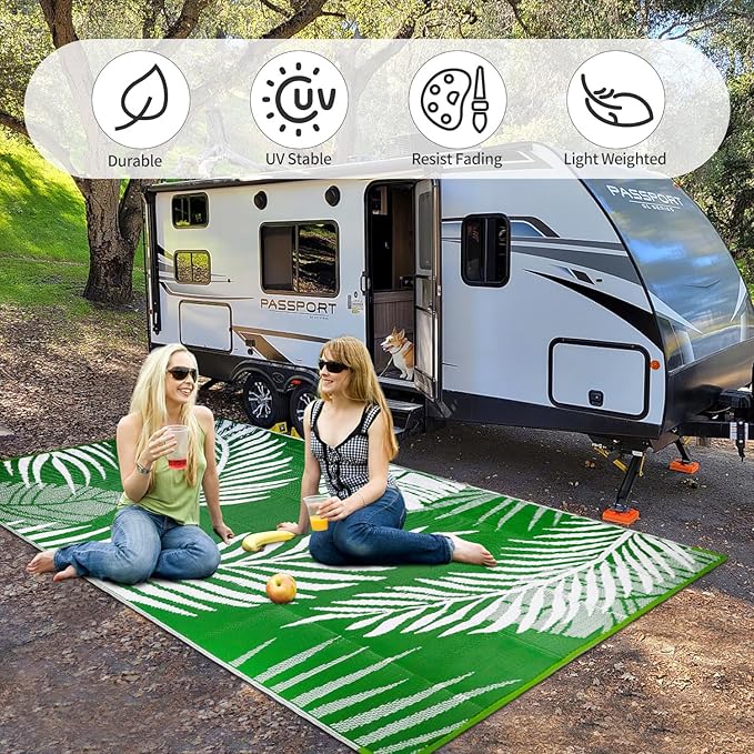 Waterproof Outdoor Rug 8x10ft, Green Leaf Reversible Plastic Straw Mat for Patio RV Deck Porch Backyard Balcony Camping Picnic Beach Indoor Outdoor Carpet, Green&White