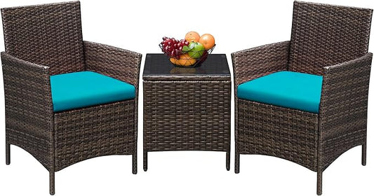 Greesum 3 Pieces Patio Furniture Sets Outdoor PE Rattan Wicker Chairs with Soft Cushion and Glass Coffee Table for Garden Backyard Porch Poolside, Brown and Blue