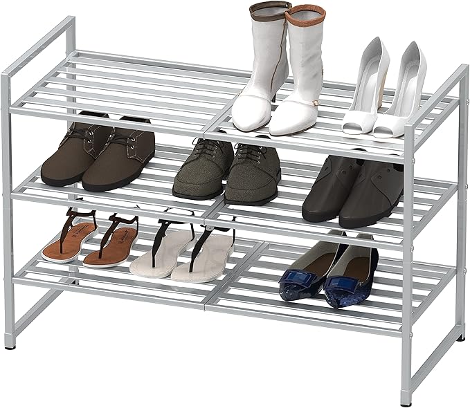 SIMPLE HOUSEWARE 3-Tier Stackable Metal Panel Shoes Rack, Silver