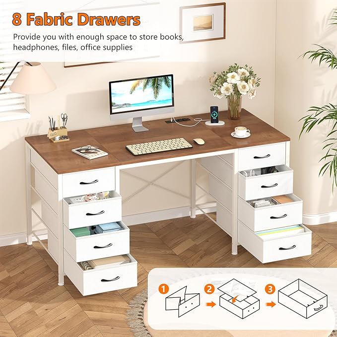 50 Inch Computer Desk with 8 Drawers, Home Office Desk with Power Outlets, Work Study Gaming Desk with 8 Fabric Drawers, Brown and White