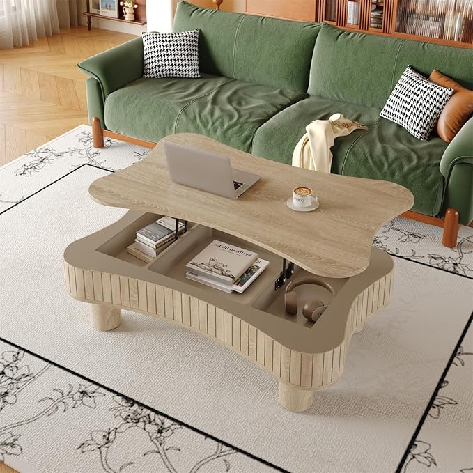 42.5'' Modern Lift Top Coffee Table for Living Room, Solid Wood Center Table, Fluted Panel Design, Storage Compartments, 42.5x27.2 Inch Surface, Hydraulic Lift Mechanism, Easy Assembly