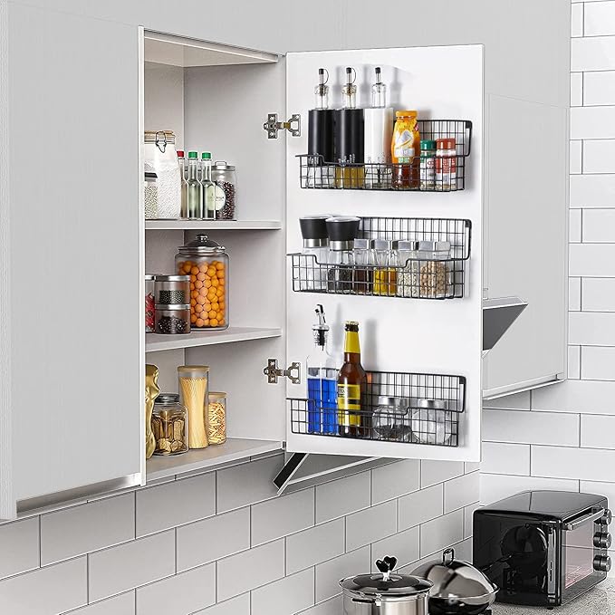 Spice Rack Wall Mount, Spice Organizer for Cabinet & Pantry Door, Set of 4 Hanging Spice Rack Saving Space for Kitchen, Black