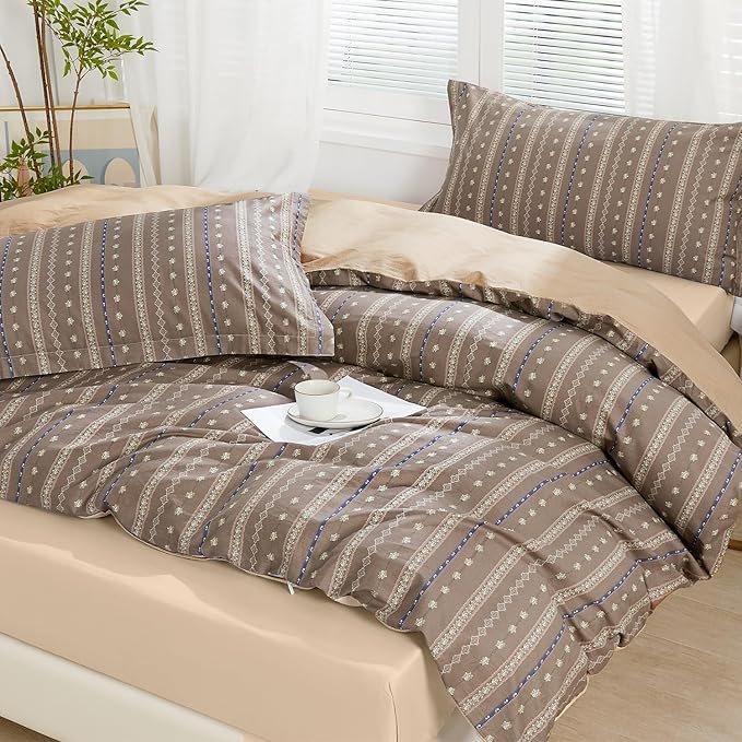 SAPHREAS Brown Stripe Duvet Cover Set Twin Size 2pcs Floral Pattern Bedding Comforter Cover Set 100% Cotton 1 Duvet Cover 68"x90" 1 Pillow Sham, Comforter Not Included