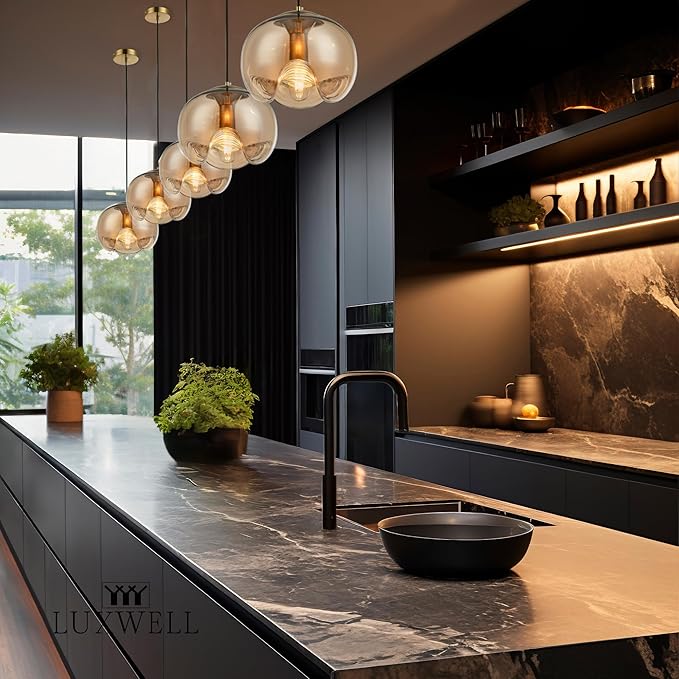 Modern Globe Pendant Light, 9"x9" Amber Gradient Glass Hanging Fixture with Gold Base, 15"-72" Adjustable Line, E26 Socket for Living Room, Dining Area, or Entryway – Warm Taupe Globe