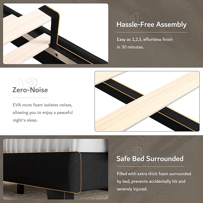 iPormis Full Platform Bed Frame with Fabric Upholstered Headboard & Thickened Legs, Mattress Foundation with Solid Wooden Slats Support, No Box Spring Needed, Noise Free, Black