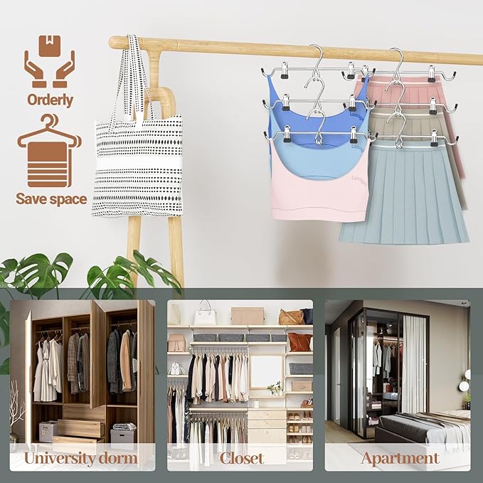 Pants Hangers Space Saving,Stackable Skirt Hangers with Clips, Hanging Closet Organizer and Storage,Clothes Hangers, College Dorm Essentials Apartment Essentials- 8 Pack