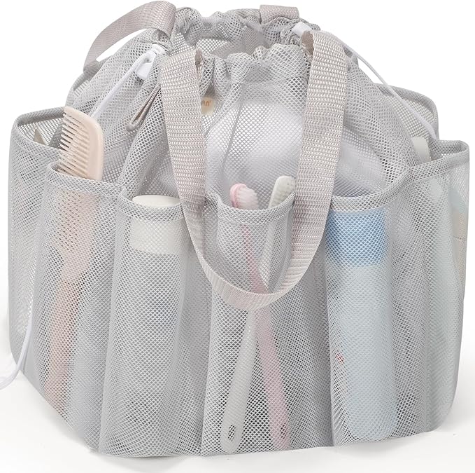 Mesh Shower Caddy Portable with Drawstring, Dorm Room Essentials for College Students, Grey Shower Bag for Camping,Swimming,Gym,Travel,Bathroom