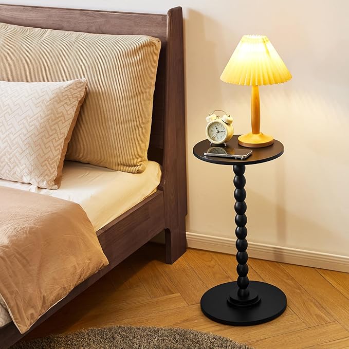 Round Side Table with Solid Wood, Modern Minimalist Bedside Table, Living Room Sofa End Table, Bedroom Small Corner Table for Small Spaces Black YD-RST001B