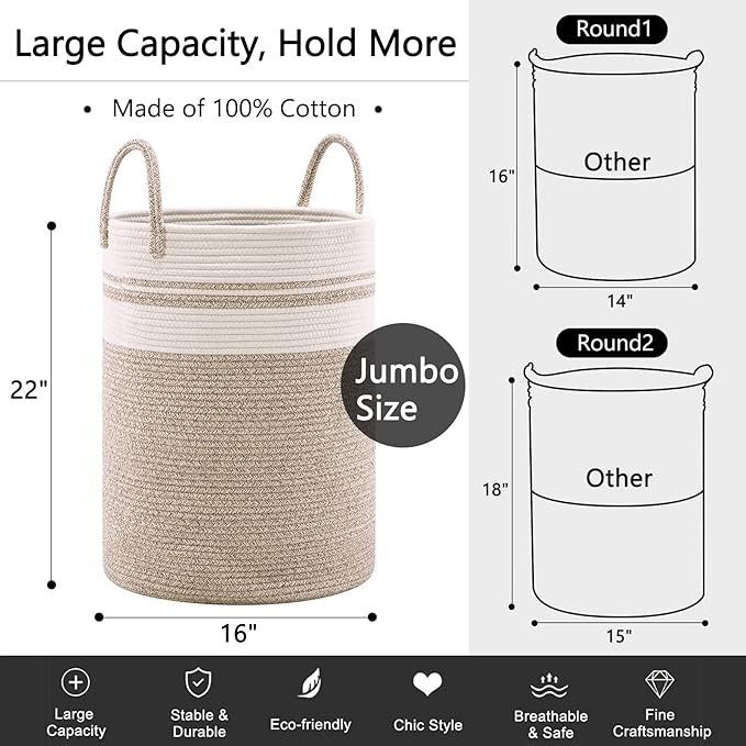 Woven Rope Laundry Hamper Basket, 72L Tall Luandry Basket, Baby Nursery Hamper for Blanket Storage, Clothes Hamper for Laundry in Bedroom-Large-Brown