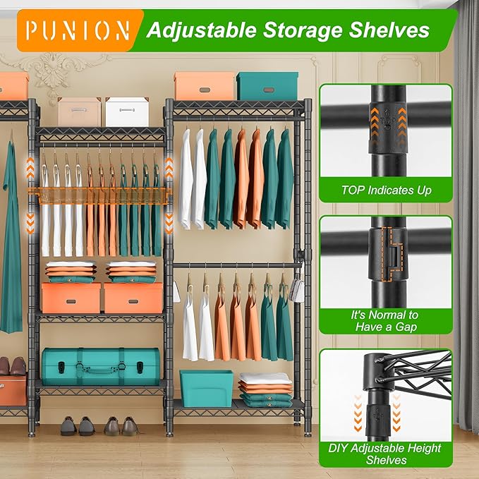PUNION GR7 Portable Closet Wardrobe Heavy Duty Clothes Rack, Freestanding Clothing Rack with 4 Hang Rods & 7 Shelves, 2 Hooks, Adjustable Closet Rack, 69" L x 16" W x 77" H, Max Load 1200LBS, Black