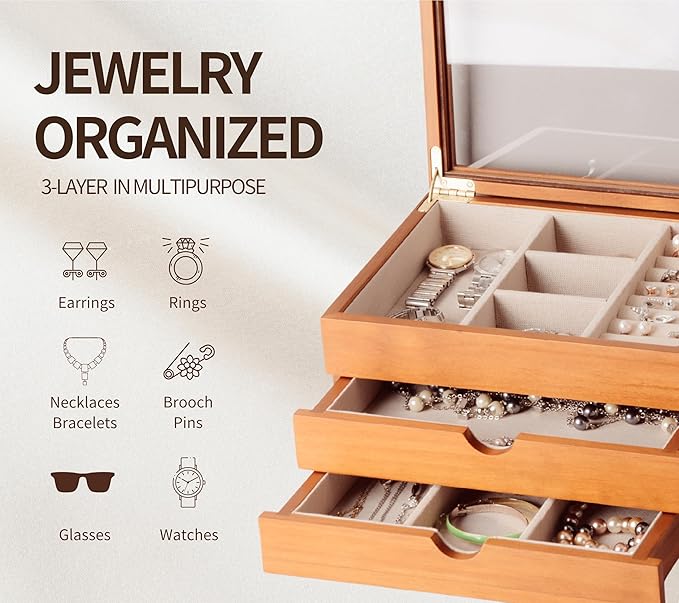 Jewelry Box with Glass Lid, 3 Layer Jewelry Organizer for Women, Solid Wooden Jewelry Box Display for Ring Earrings Necklace Bracelet, Pine Wood Jewelry Boxes Vintage Style for Gifts