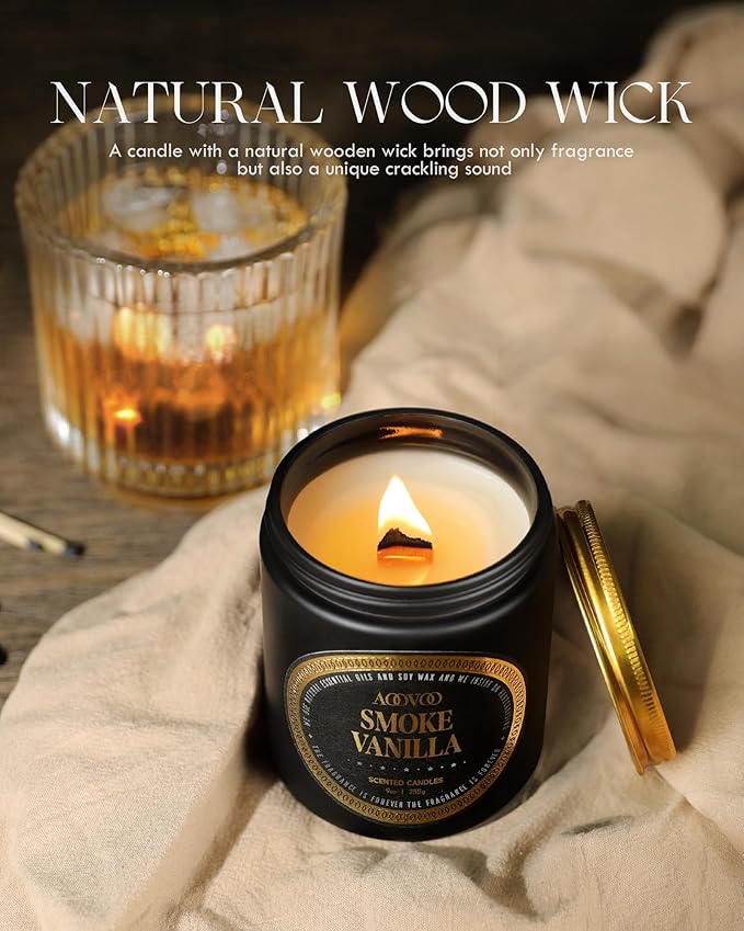 AOOVOO Scented Candle for Home Scented - Wood & Vanilla Scented Candles | Strong Fragranced Soy Mens Candles | Masculine Candle, Wood Wicked Candles | Smokey & Vanilla Candle in Black Jar, AO-LZY0152