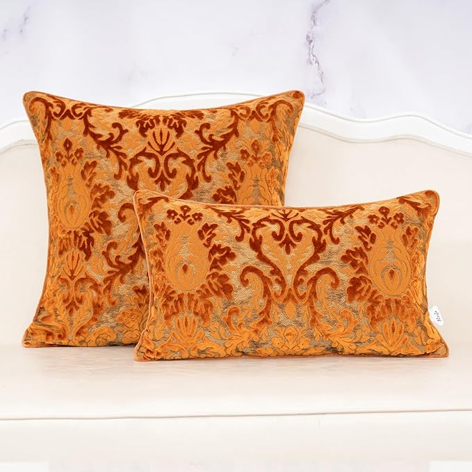 Alerfa Boho Orange Floral Throw Pillow Cover 20x20 Inch Cut Velvet Sqaure Luxury Embroidered Decorative Pillow Cover for Couch Living Room Bedroom