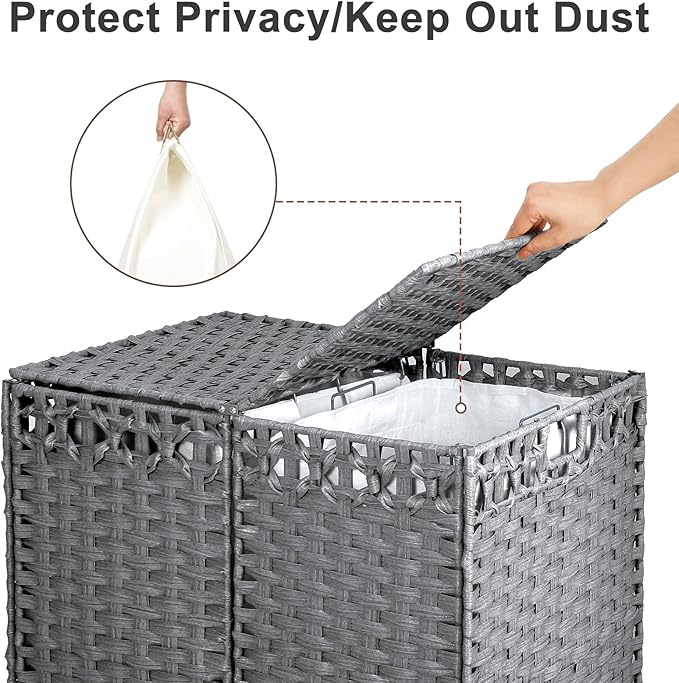 130L Foldable Laundry Hamper with Lid - Handwoven Rattan Storage Basket, 2-Section Clothes Hamper w/2 Removable Liner Bags, Easy Assembly, Portable for Bedroom Bathroom Dorm,Grey