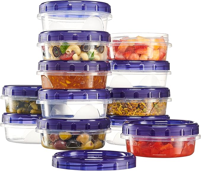 PLASTICPRO 12 Pack Twist Cap Food Storage Containers with Blue Screw on Lid- 8 oz Reusable Meal Prep Containers - Freezer and Microwave Safe Blue Plastic Food Storage