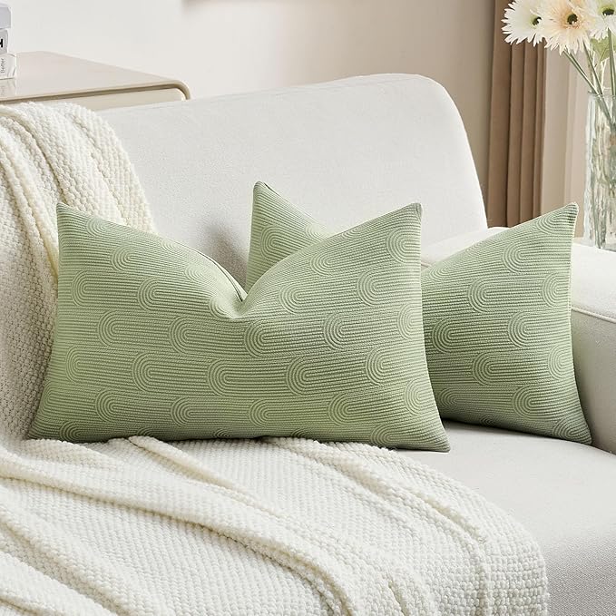 FUTEI Sage Green Chenille Decorative Throw Pillow Covers 12x20 Inch Set of 2,Soft Cozy Striped Geometric Patterns Lumbar Pillow Cases,Modern Home Decor for Couch Bed Living Room