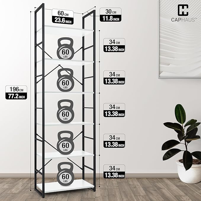CAPHAUS 6 Tier Bookshelf, 24 Inch Width Free Standing Shelf, Bookcase Shelf Storage Organizer, Industrial Book Shelves for Home Office, Living Room, Kitchen, White Shelves & Metal Frame