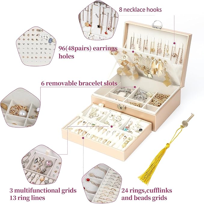 BOOVO Earring Jewelry Box For Women Girl Stud Organizer, 4 Layers Girl Jewelry Organizer Box With Lock Earring Holder Organizer Necklace Ring Jewelry Organizer Box For Girls (Champagne, 4 layer)