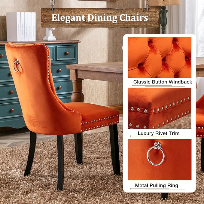 Goujxcy 78.7" Farmhouse Extendable Dining Room Table Set for 6, 7-Piece Rectangle Kitchen Dining Room Table Set with Wood Base and 6 Orange Velvet Dining Chairs, Extending Kitchen & Dining Table Set