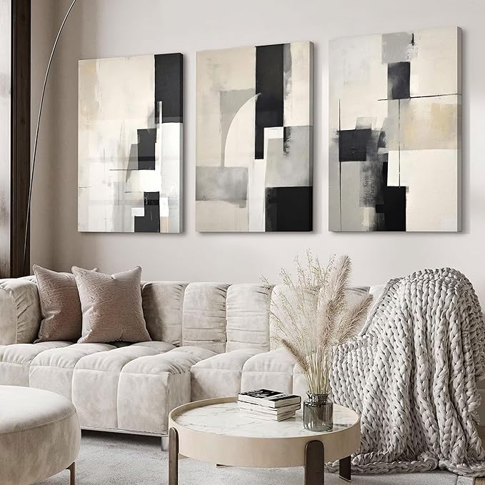 3Pcs Framed Neutral Abstract Canvas Wall Art Floral Pictures Modern Minimalist Posters Prints Beige Black Flower Wall Decoration for Living Room Bedroom Bathroom Office 16x24in