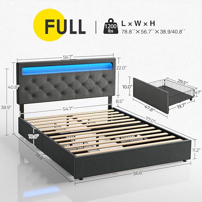 Rolanstar Full Size Bed Frame with Charging Station and LED Lights, Upholstered Bed with Adjustable Headboard and 4 Storage Drawers, No Box Spring Needed, Easy Assembly, Dark Gray