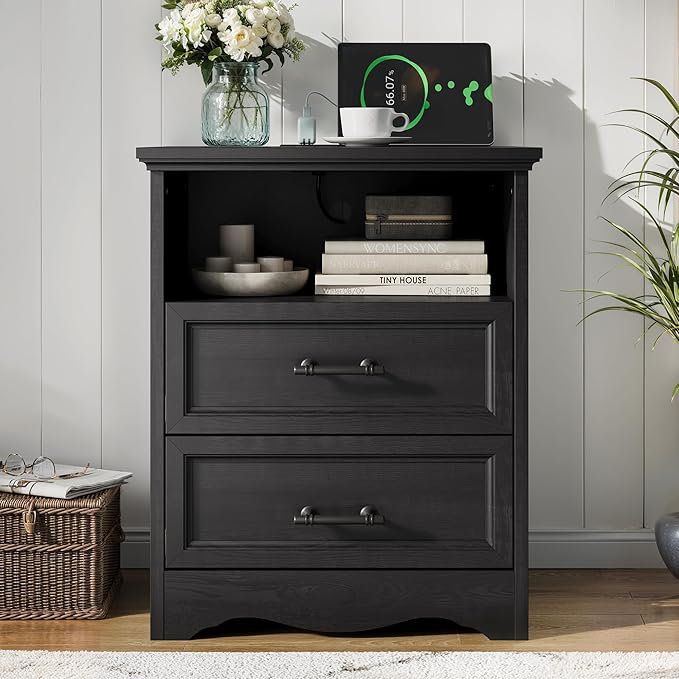 Farmhouse Nightstand with Charging Station, Black Wood Bedside Table & End Table with 2 Drawers and Unique Base Design, Side Table Storage Cabinet with Metal Handles for Bedroom, Living Room