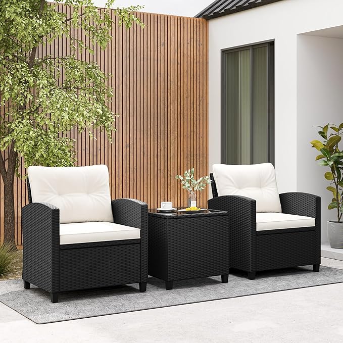 Tangkula 3 Piece Patio Furniture Set, Rattan Conversation Set w/Soft Seat & Back Cushions, Tempered Glass Topped Coffee Table, Cushioned Wicker Seating Set for Backyard, Porch, Poolside (Off White)