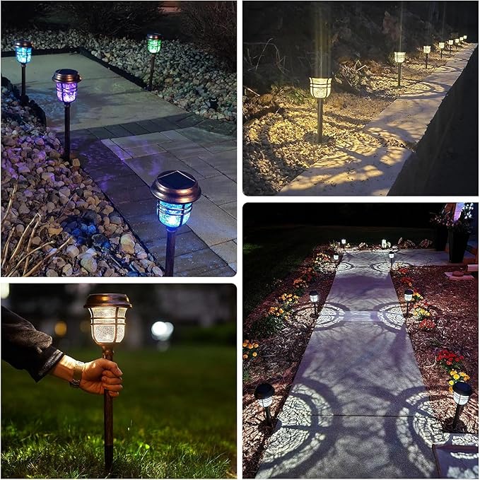 XMCOSY+ Solar Pathway Lights Outdoor 6 Pack, 2 Lighting Modes Warm White & RGB Auto Color Changing LED Solar Powered Garden Lights IP65 Waterproof for Yard Walkway Driveway Landscape Lawn Decorative