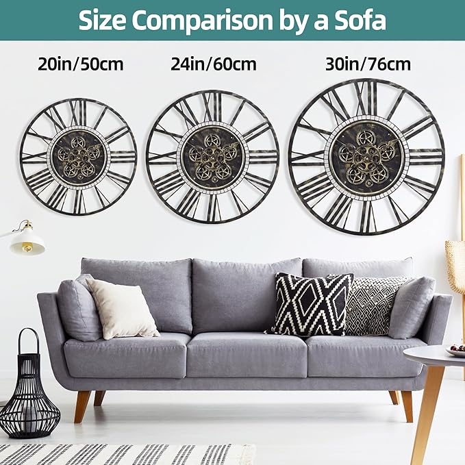Moving Gear Large Wall Clock 24inch/60cm Bronze, Decorative Wall Clocks for Living Room, Unique Farmhouse Steampunk Metal Wall Clock Decor, Office Wall Clocks