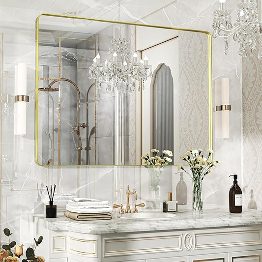48×36 Glod Bathroom Mirror, Rectangular Bathroom Vanity Mirror for Wall with Rounded Corners & Aluminum Alloy Frame, Tempered-Glass, Modern, Farmhouse, Horizontal/Vertical, Entryway, Bedroom