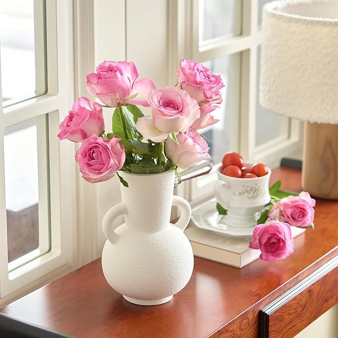 7 Inch White Ceramic Vase with 2 Handles, Modern Flower Vase Decorative Vases for Bouquet, Unique Vases for Home Decor Farmhouse Living Room Table Centerpieces Wedding Decorations