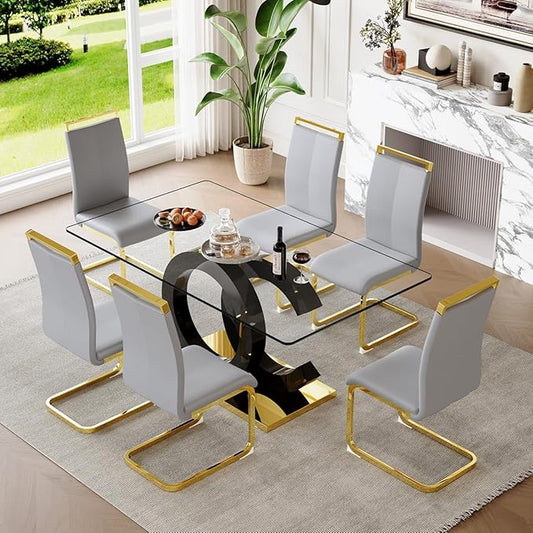 63'' Glass Dining Table Set for 6, Kitchen Table Chairs Set of 6, Clear Glass Dining Table with Black unique design Leg and Gold Metal Base, 6 PU Dining Chairs with Metal Legs, Living Room, Kitchen.