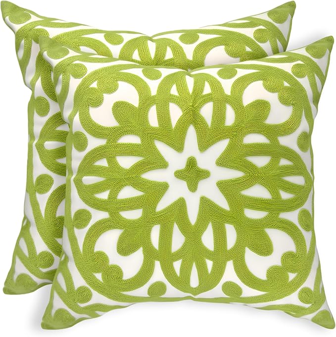 Alysheer Embroidered Summer Decorative Throw Pillow Covers 18"x18" Set of 2, Classic Boho Mandala Green Pattern Cotton Canvas Chic Cushion Cases for Sofa Couch Bed Living Room Decor (Chartreuse Green)