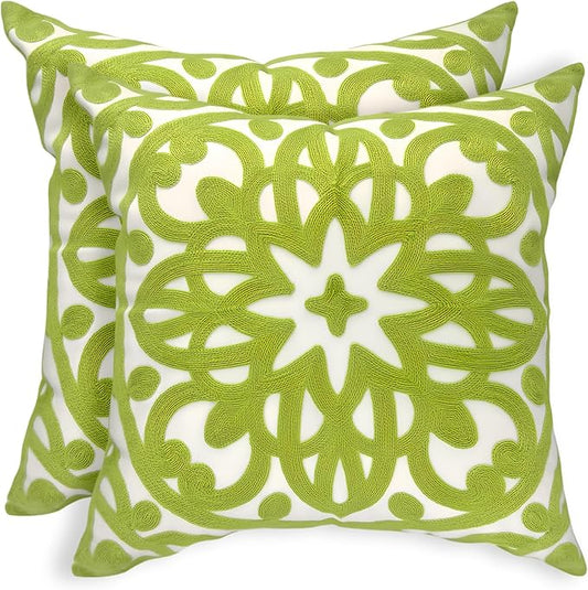 Alysheer Embroidered Summer Decorative Throw Pillow Covers 18"x18" Set of 2, Classic Boho Mandala Green Pattern Cotton Canvas Chic Cushion Cases for Sofa Couch Bed Living Room Decor (Chartreuse Green)
