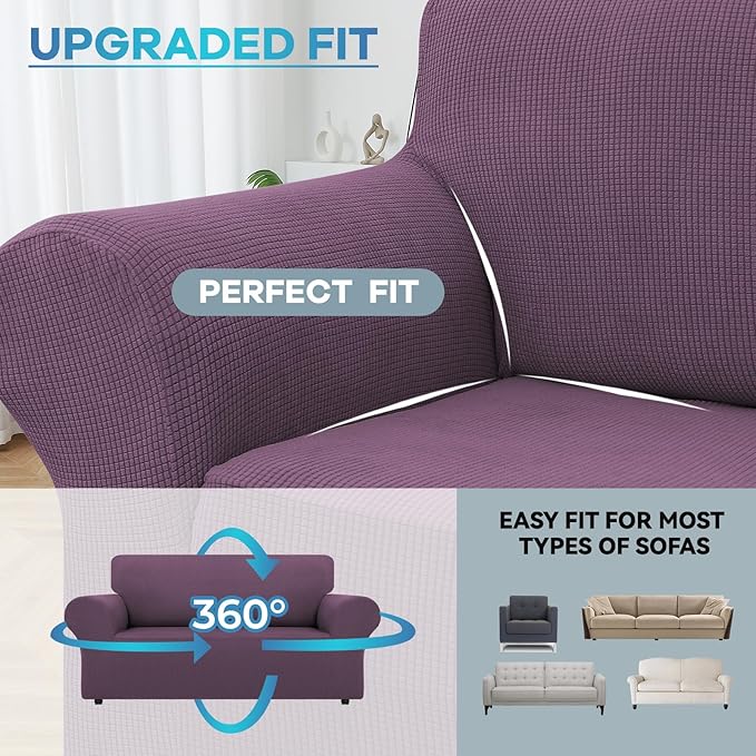 LURKA Stretch Loveseat Sofa Slipcovers 1 Piece Couch Covers for Sofa Furniture Protector Full Sofa Covers with Elastic Bottom for Kids and Dog (Medium,Purple)