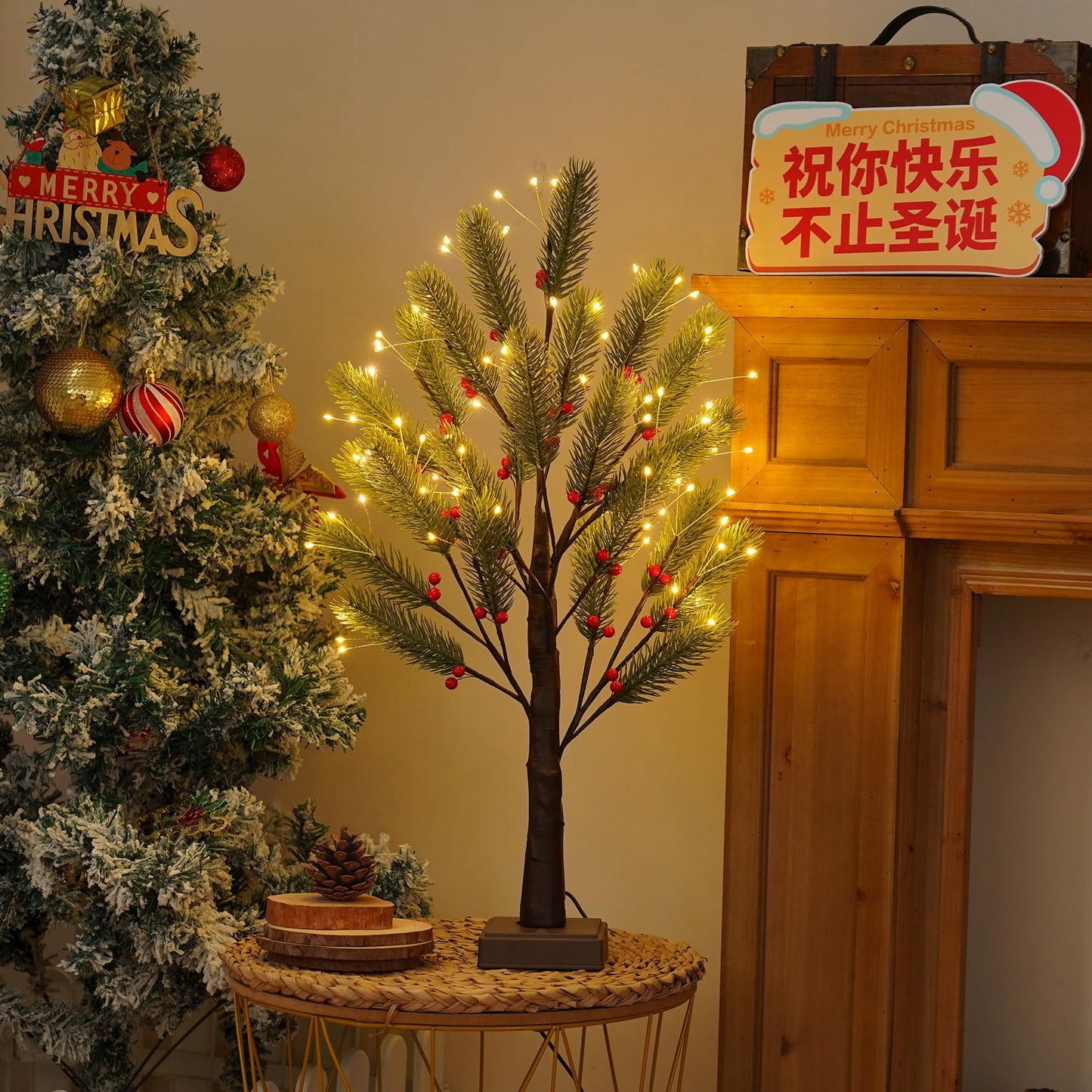 PXBNIUYA 72 LED Artificial Lamp with Timer, DIY Christmas Tree Lights, USB/Battery Powered Desktop Bonsai Tree Pine Needles, Fairy Light Spirit Tree for Indoor Table Home Wedding Bedroom-Warm White