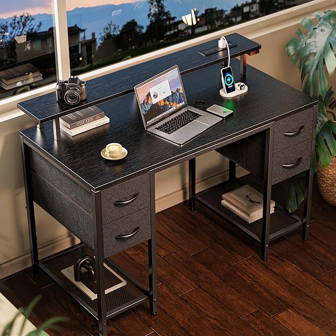 Huuger 47 inch Computer Desk with 4 Drawers, Gaming Desk with LED Lights & Power Outlets, Home Office Desk with Large Storage Space for Bedroom, Work from Home, Black