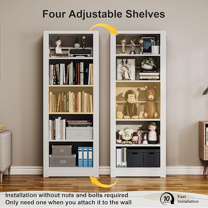 Book Shelf,5-Tier White Bookshelf, Office Bookcases and Bookshelves,Tall Metal Storage Organizer,Freestanding Bookshelf for Library,Living Room,Home Office (W:31.5")