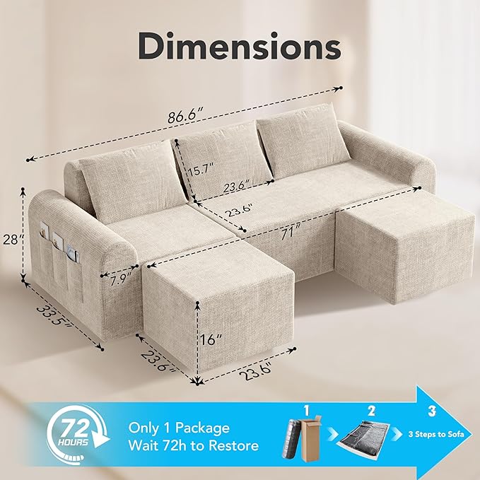 Cloud Sectional Couch with 2 Ottomans & 3 Pillows, U Shaped Modular Sofa for Living Room, Deep Seat Comfy Boneless Couch for Small Spaces, Chenille Fabric, No Assembly Required, 72H to Restore
