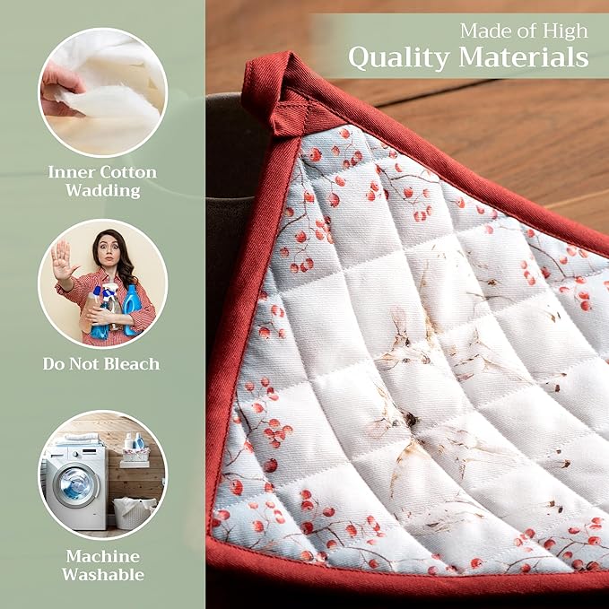 Maison d' Hermine Pot Holders Set 100% Cotton Heat Resistant Potholders 8" x 8" Hot Pads with Loop for Thanksgiving Christmas Decorations BBQ Baking Handling Hot Pans (Pack of 2, Fairy Tale Forest)